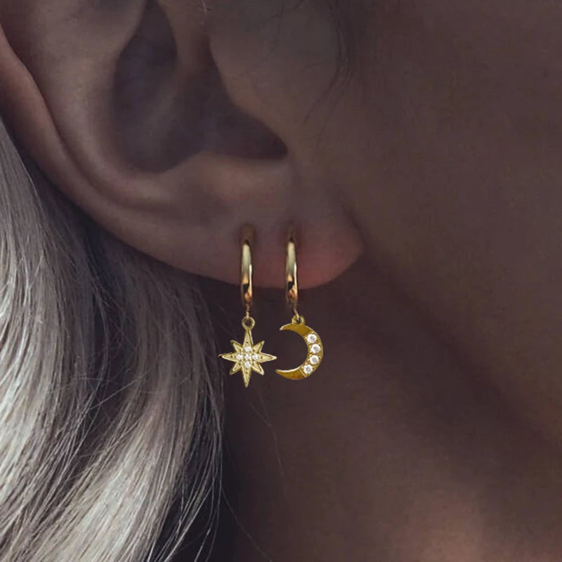 Korean Stainless Steel Star & Moon Drop Earrings