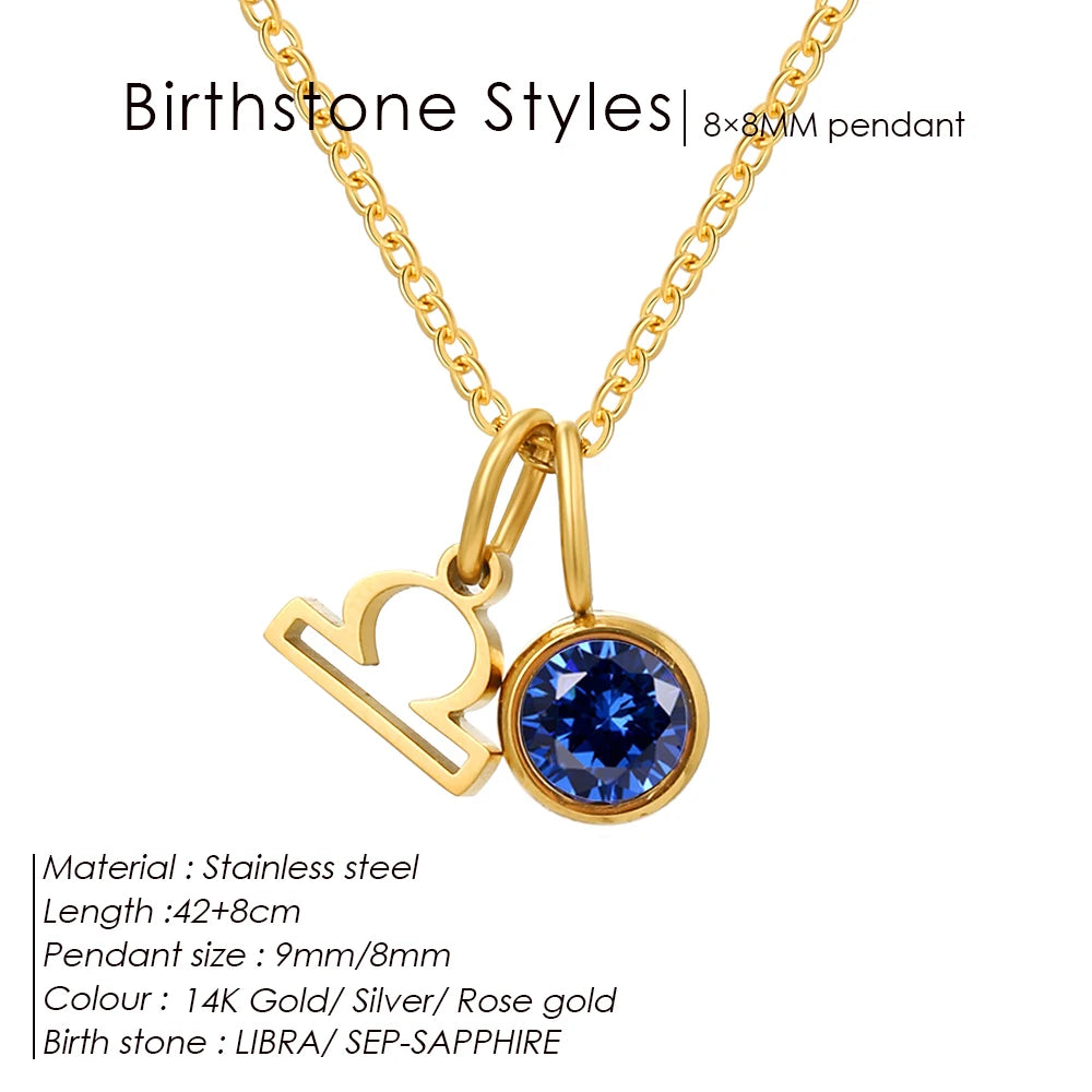 Stainless Steel Birthstone Constellation Pendant Necklace (2pcs)