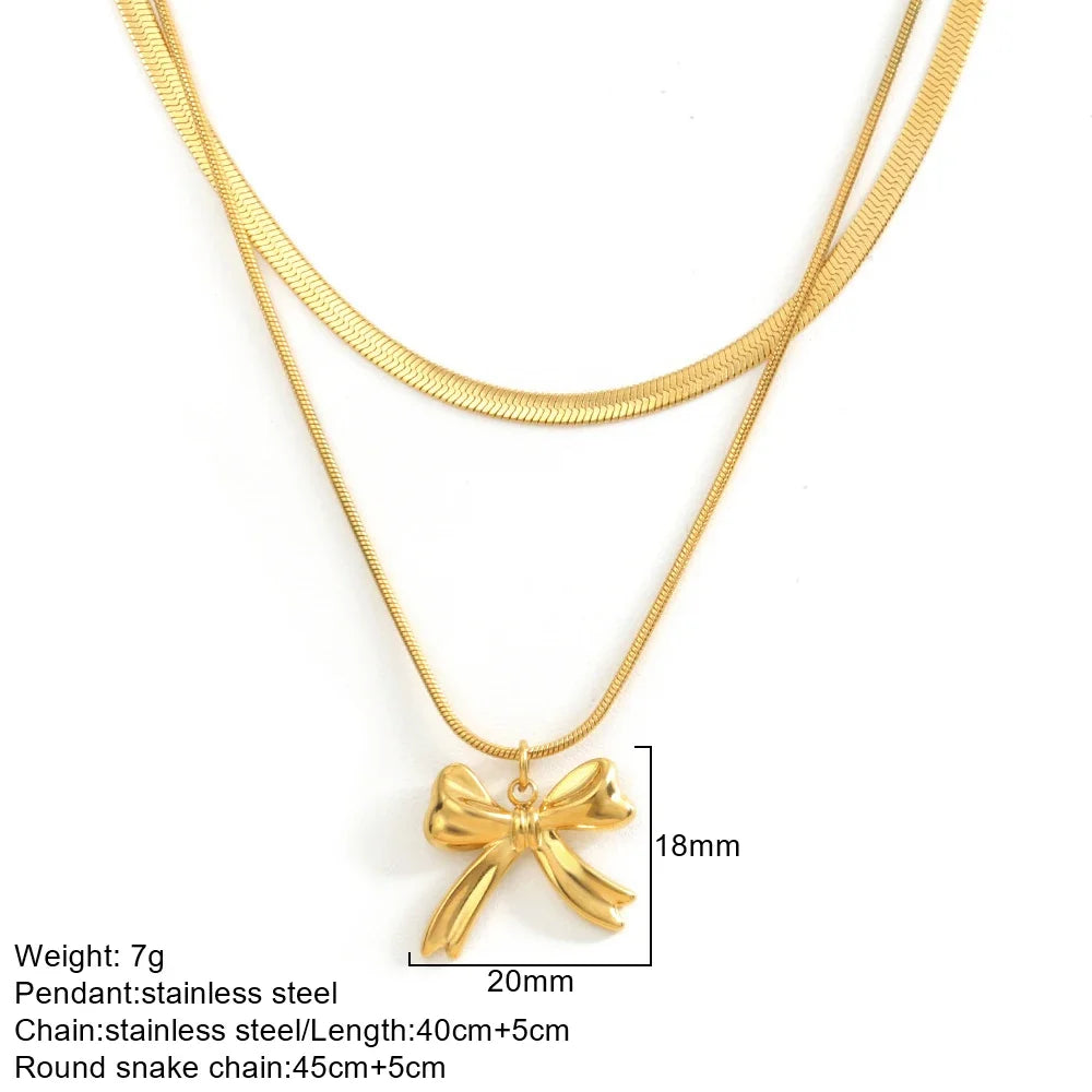 Gold Double-Layer Necklace with Bow Pendant