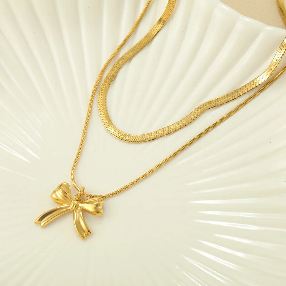 Gold Double-Layer Necklace with Bow Pendant