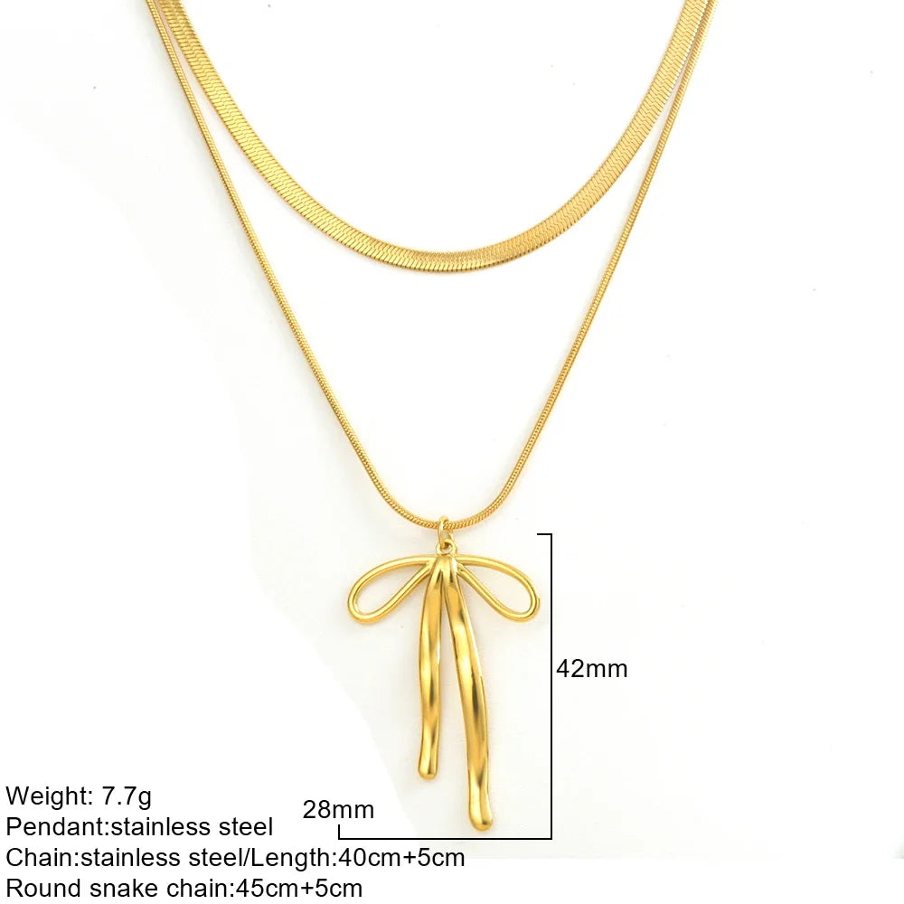 Gold Double-Layer Necklace with Bow Pendant