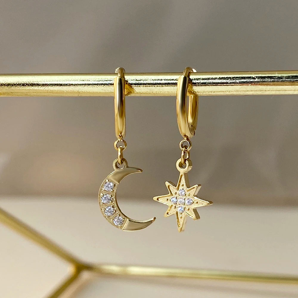 Korean Stainless Steel Star & Moon Drop Earrings