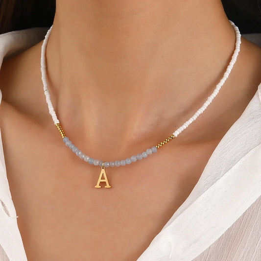 Blue Crystal Necklace with Letters