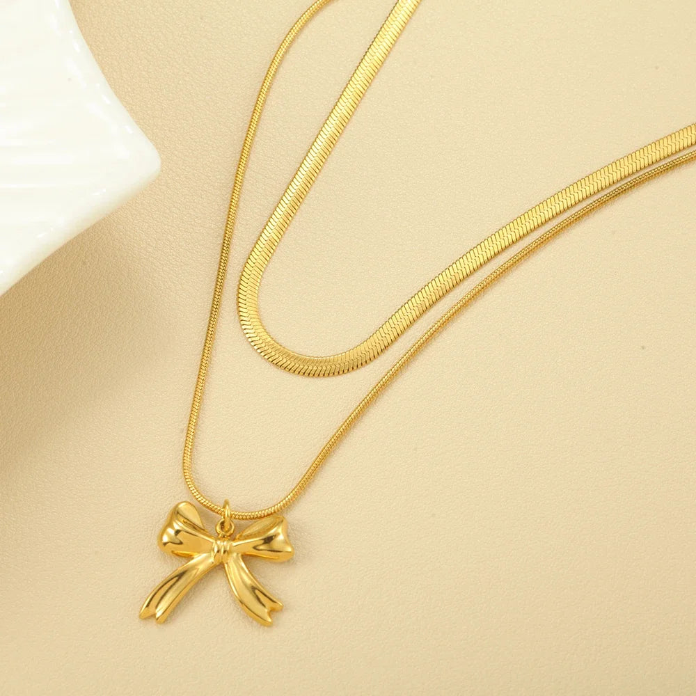 Gold Double-Layer Necklace with Bow Pendant