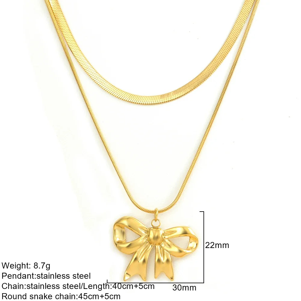 Gold Double-Layer Necklace with Bow Pendant