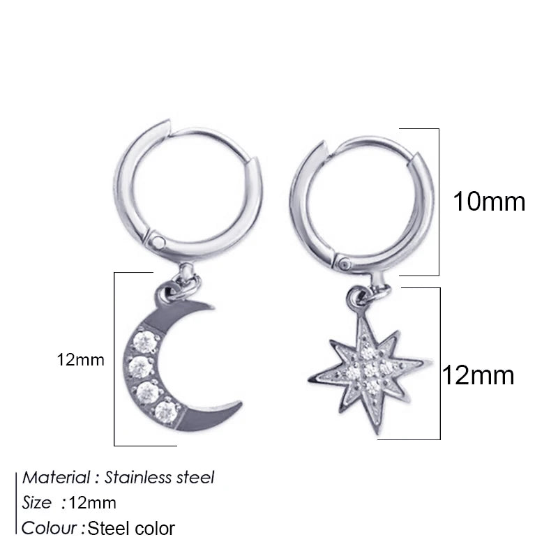 Korean Stainless Steel Star & Moon Drop Earrings