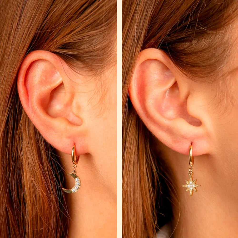 Korean Stainless Steel Star & Moon Drop Earrings